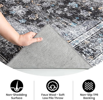 5x7 Washable Rug – Boho Non-Slip Indoor Area Rug for Living Room, Bedroom, Dining Room, Entryway – Charcoal Grey and Ivory with Blue Highlights