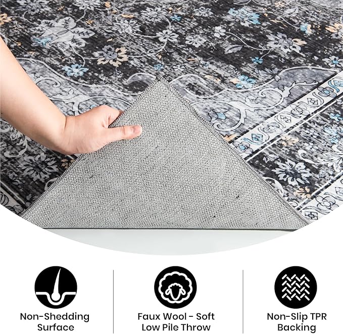 Area Rug – 6x9 Washable Ultra-Soft Vintage Boho Faux Wool Carpet for Living Room, Dining Room, Bedroom, Home Office (Dark Grey)