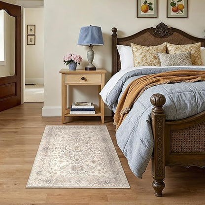 Bavni 3x5 Area Rug for Living Room Bedroom, Washable Boho Print Vintage Aesthetic Rug, Ultra-Thin Low Pile Rugs for Entryway Playroom with Non Slip Backing, Light Taupe Brown