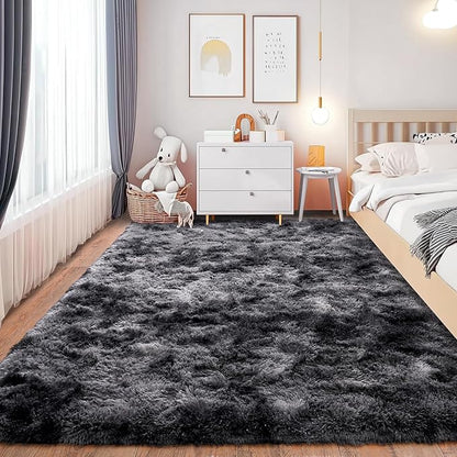 Fluffy Carpet for Living Room, Furry Carpet for Teen, Shaggy Rug for Nursery Room, Black Grey Fuzzy Plush Rug for Dorm 6x9 Feet