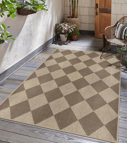 Easy Jute Checkered Area Rug, 3x5 Indoor Outdoor Entryway Rug Washable Brown Modern Diamond Kitchen Rugs, Non-Slip Neutral Farmhouse Throw Carpet for Living Room Patio Kids Room