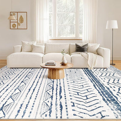 Nakagishi Area Rugs 8x10 Living Room: Washable Boho Large Neutral Soft Farmhouse Rug Stain Resistant Modern Moroccan Non-Slip Indoor Carpet for Bedroom Nursery Kids Playroom Office Dining Room- Navy