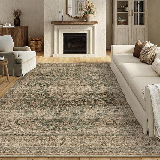 10x12 Vintage Area Rug Green Brown Living Room Bedroom Washable Carpet Non-Slip Soft Low Pile Distressed Indoor Large Throw Rug for Dining Room Office