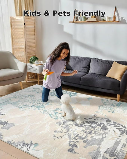 Washable Abstract Rug, 9x12 Ivory and Aqua Floral Area Rugs with Non-Slip Rubber Backed for Living Room, Low Pile Modern Throw Carpet Bedroom Dining Room Decor