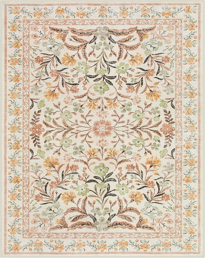 Lahome Fall Floral Washable Area Rugs 8x10, Boho Living Room Large Rugs Non-Slip for Bedroom, Soft Rubber Backed Burnt Orange Carpet for Dining Playroom Decor, Ochre Fall