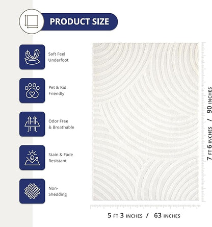 Abani Nomad Cream Tone-on-Tone Area Rug 5' x 8' for Living Room, Bedroom - Linear Curves Pattern - Durable & Easy to Clean