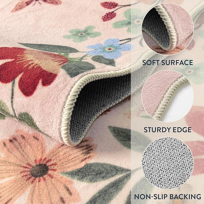 Lahome Floral Living Room Rugs, Pink Area Rugs 5x7 Rug for Bedroom Ultra-Thin Soft Non-Slip Washable Rugs Stain Resistant Throw Boho Carpet for ‎‎Nursery Playroom Classroom, Light Pink