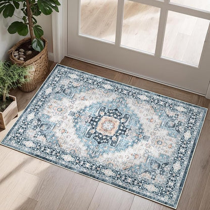 Washable 2×3 Area Rug for Entryway Indoor, Vintage Floral Small Area Rug Soft Non Slip Stain Resistant Boho Carpet for Front Door Dinning Room Kitchen Bedroom Blue/Ivory