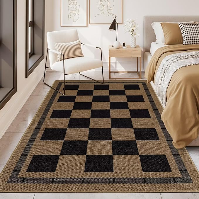 Checkered Jute 5x7 Area Rugs, Washable Outdoor Patio Rug Living Room Bedroom Indoor Carpet, Non Slip Modern Farmhouse Design Neutral Geometric Office Porch Balcony Dining Room Mat, Black and Brown