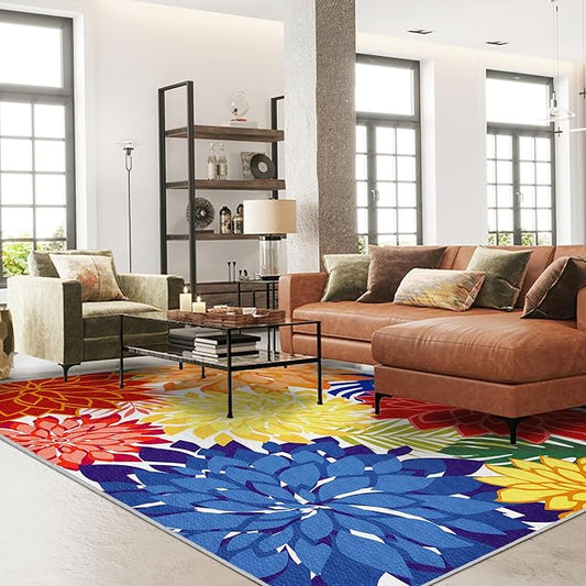 Colorful 4x6 Outdoor Area Rug Washable Rugs Multicolored Patio Rug Tropical Botanical Floral Chenille Outdoor Carpet Non Slip for RV, Pool Deck, Backyard, Porch, Rainbow