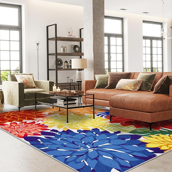 Colorful 9x12 Outdoor Area Rug Washable Multicolored Patio Rug Tropical Botanical Floral Chenille Waterproof Outdoor Carpet Non-Slip for Deck, Backyard, Porch, Rainbow