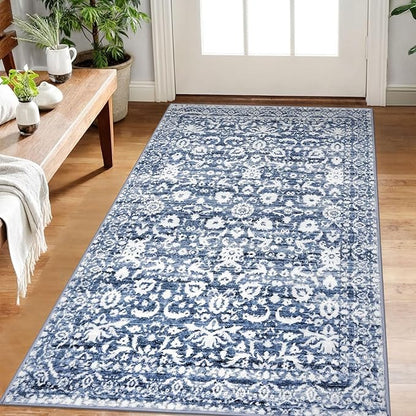 Vintage Floral 3x5 Rug, Light Blue White Entryway Rug Small Area Rug Washable Non-Slip Throw Rug, Thin Printed Faux Wool Low-Pile Kitchen Rugs Super Soft Capet for Entrance Bedroom Office