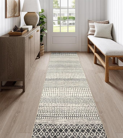 Moroccan Hallway Runner Rug, 2'6''x8' Ktchen Rugs Non Slip Washable, Low-Pile Distressed Bathroom Runner Rug Black Rugs for Bedroom Bathroom Kitchen Entryway Laundry Room