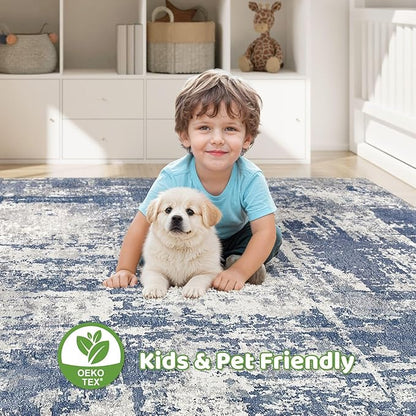 Area Rug Living Room Rugs: 5x7 Washable Large Abstract Modern Soft Stain Resistant Indoor Floor Non Slip Accent Carpet for Bedroom Nursery Playroom Dining Room Office Dorm Home House- Navy Grey
