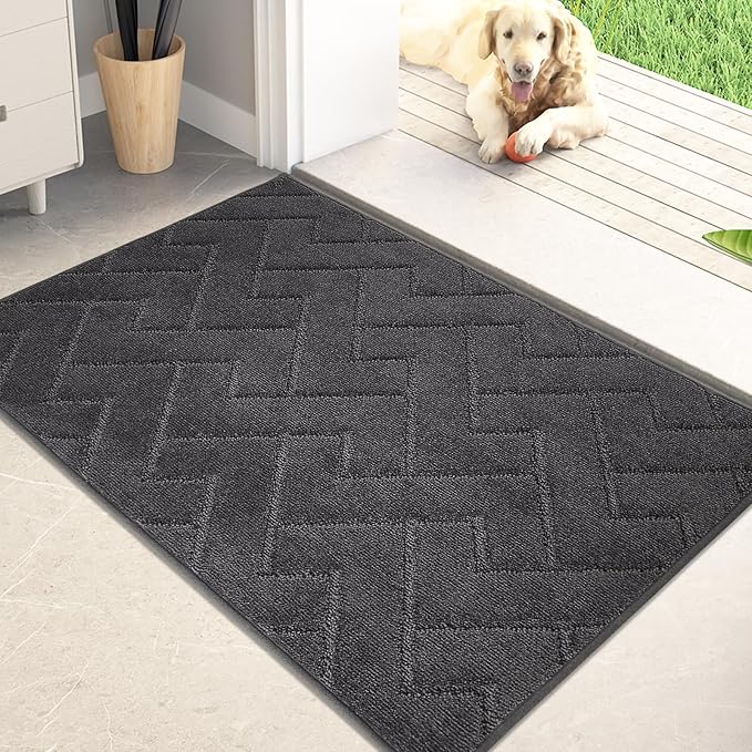 PURRUGS Dirt Trapping Door Mat 24" x 35.5", Non-Slip Machine Washable Entry Rug, Shoe Scraper, Dog Doormat, Super Absorbent Welcome Mat for Front & Back Door, Muddy Wet Shoes & Paws, Charcoal