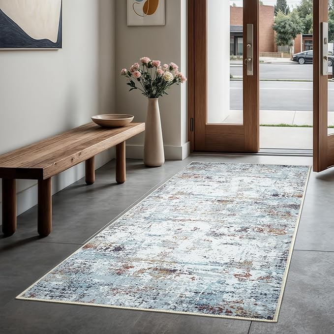 GLN Rugs Contemporary Collection - Machine Washable Area Rug, Contemporary Washable, Non Slip, Low Pile Chenille Rug, Living Room, Bedroom, Kitchen Rug (2'6" x 10' White/Grey/Blue/Brown)