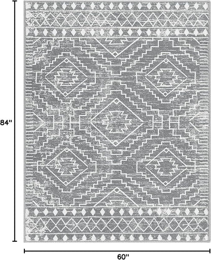 Wonnitar Moroccan Gray Area Rugs for Living Room, Washable 5x7 Boho Bedroom Rugs, Non-Slip Large Soft Dining Room Throw Mat, Floor Carpet for Basement Guest Room Office (Silver Grey,5'x7')