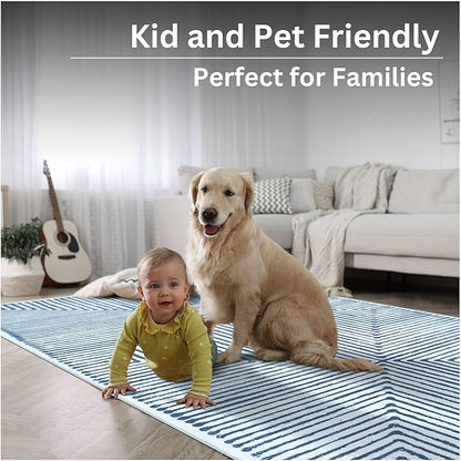 Bloom Rugs Washable Non-Slip 5' x 7' Rug - Blue/Ivory Striped Area Rug for Living Room, Bedroom, Dining Room, and Kitchen - Exact Size: 5' x 7'