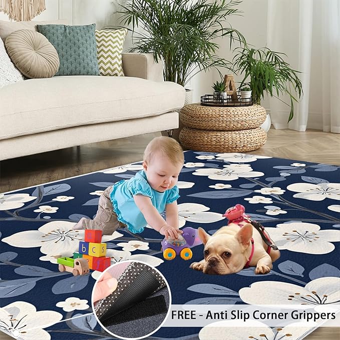 Boho Rugs for Bedroom - 4x5 Area Rug - Blue White Flowers Rugs for Living Room, Vintage Modern Flowers Rug, Washable Home Decor Carpet