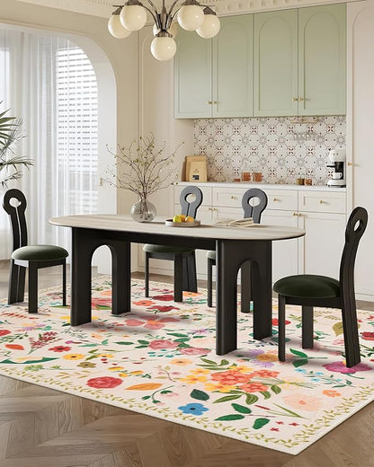 Boho Washable Area Rug 6x9 for Living Room, Bedroom, Office, Playroom, Kitchen or Dining Room, Soft Floral Carpet for Indoor Use, Easy Care Non-Slip Design (Beige)