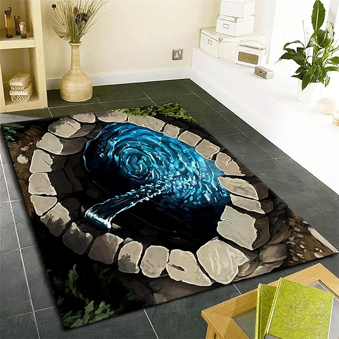 3D Well Waterfall Bedroom Carpet, 5x8ft, Visual Illusion Deep Hole Entrance Rug, Huge Stone Cracks Non-Slip Rugs, Cozy Breathable with Non Slip Backing Mat for Indoor Bedside