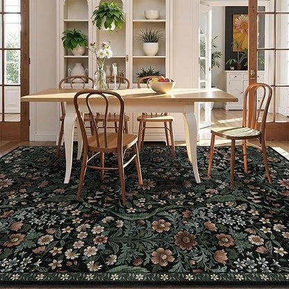 Floral Washable 6x9 Area Rug，Black Boho Rugs for Living Room, Soft Low-Pile Non-Slip Stain Resistant & Non-Shedding Carpet for Bedroom, Dining Room, Office, Entryway, Nursery