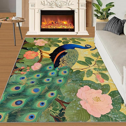 Peacock Peony Rugs for Bedroom - 5x6 Rug, Peacock Decor Area Rugs for Living Room, Peony Flower Carpet, Floral Animal Washable Area Mat, Aesthetics Carpet - Peafowl Home Decor & Gifts