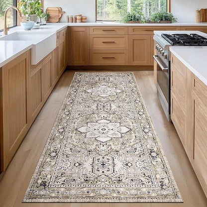 PURRUGS Vintage Farmhouse Boho Runner Rug 2x6 ft, Non-Slip Machine Washable Rug, Accent Oriental Area Rug for Kitchen, Hallway, Entryway, Bedroom, Living Room and Dining Room, Taupe/Vanilla