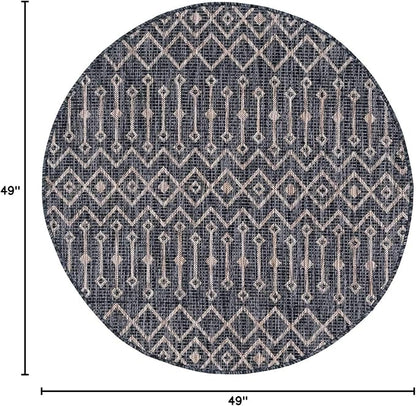 Unique Loom Outdoor Trellis Collection Area Rug - Tribal Trellis (4' 1" Round, Charcoal Gray/ Natural)