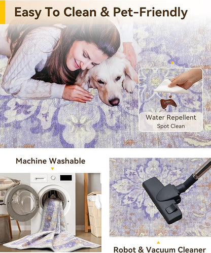Area Rugs 8ft Washable Non-Slip, Floral Vintage Distress Print Pattern Medallion Carpet for Living Room Bedroom Dining Room, Light Purple Brown