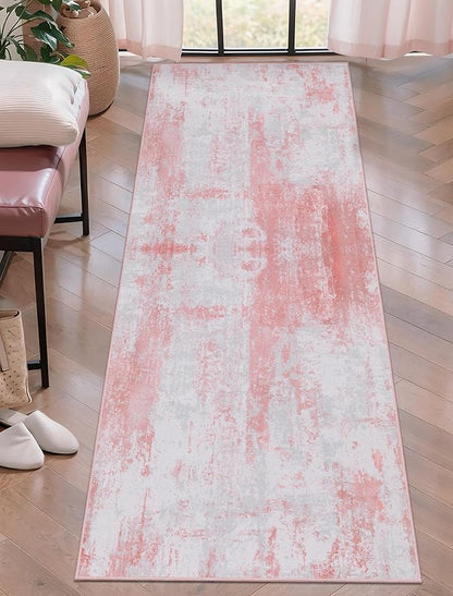 Ciicool 2x6 Washable Runner Rug, Modern Abstract Hallway Rugs Runner, Non-Slip Thin Accent Rug Lightweight Pink Gray Print Distressed Carpet for Laundry Entryway Bedroom Kitchen Indoor