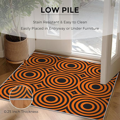 7x9 Geometric Circle Rugs for Bedroom Decor, Washable Retro 60s 70s Geometry Pattern Area Rug, Living Room Home Decoration, Non Slip Soft Thin, Black Orange Decor Carpet PF-P 49