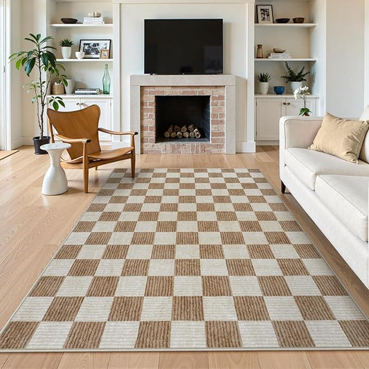 LIVEBOX Machine Washable Area Rug 6x9 Checkered, Non Slip Soft Large Bedroom Living Room Rug Farmhouse Neutral Classic Geometric Boys Rug, Indoor Carpet for Den Dorm Playroom(Brown,6'x9')