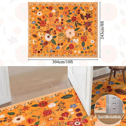 U'Artlines 8x10ft Fall Colorful Floral Area Rug Machine Washable Ultra Soft Low Pile Non Slip Non Shedding Accent Floor Carpet for Living Room, Bedroom, Dining Room, Office (Orange)