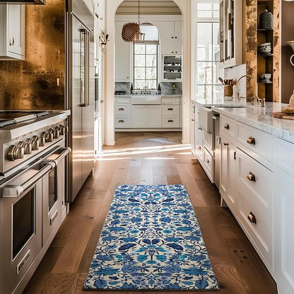 EVERGRACE Hallyway Area Runner Rugs 2x6, Boho Floral Faux Wool Indoor Outdoor Rugs, Washable Rugs for Bedroom Bathroom Living Room Kitchen, Low Pile Floor Mat Carpet for Home Decor, Celtic Blue