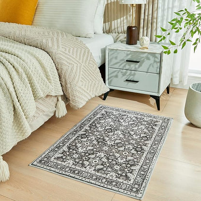 WITSHOCK Washable 2x3 Entryway Area Rug: Soft Non-Slip Backing Washable Rugs Vintage Flower Boho Accent Small Rugs for Bedroom, Kitchen, Bathroom, Nursery Entrance,Black