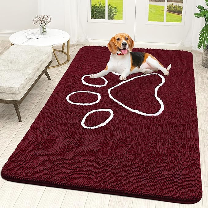 OLANLY Dog Door Mat for Muddy Paws 59x35, Paw Print Design, Absorbs Moisture and Dirt, Absorbent Non-Slip Washable Doormat, Quick Dry Chenille Mud Mat for Dogs, Entry Indoor Entryway Carpet, Burgundy