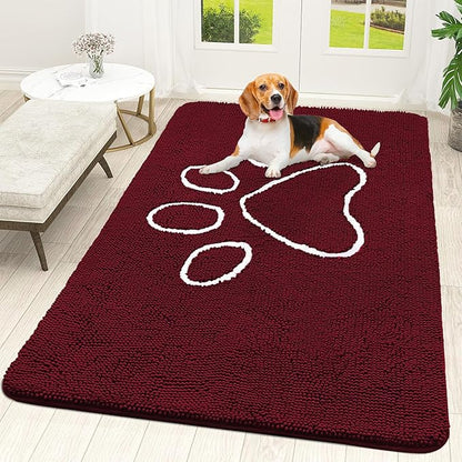 OLANLY Dog Door Mat for Muddy Paws 59x35, Paw Print Design, Absorbs Moisture and Dirt, Absorbent Non-Slip Washable Doormat, Quick Dry Chenille Mud Mat for Dogs, Entry Indoor Entryway Carpet, Burgundy