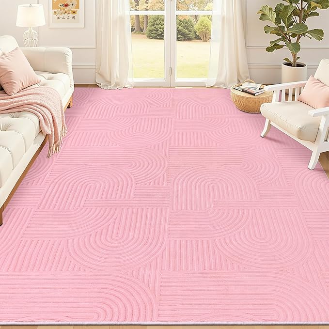 Pauwer 8x10 Washable Area Rugs for Living Room Modern Pink Solid Color Soft Fluffy Rugs for Bedroom Non Slip Boho Accent Indoor Mat Floor Carpet Cover for Kids Room Dining Room Kitchen Office, Pink