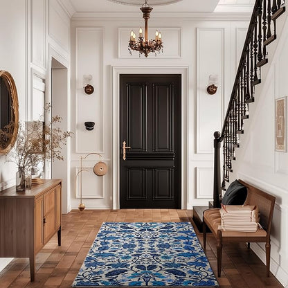 EVERGRACE Area Rugs for Living Room 3x5, Boho Floral Faux Wool Indoor Outdoor Rugs, Washable Rugs for Bedroom Entryway Dining Room Hallyway, Low Pile Floor Mat Carpet for Home Decor, Celtic Blue