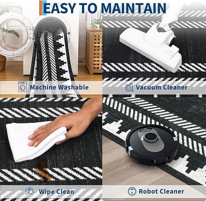 Modern Geometric Bordered 2×6 Non Slip Low Pile Runner Rugs for Kitchen Hallway Modern Stain Resistant Soft Indoor Carpet Foldable Machine Washable Non Shedding Bedroom Dining Room Rug, Black