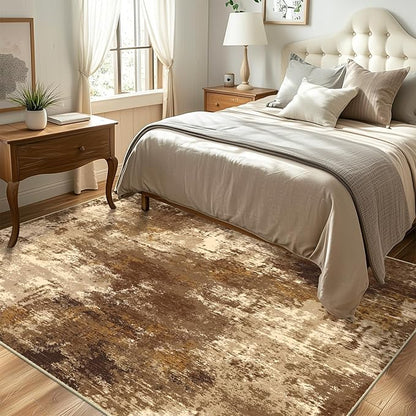 Washable Area Rugs 9'x12' Non-Slip Modern Abstract Soft for Living Room Entryway Bedroom Nursery, Print Pattern, Brown Tan Beige Coffee