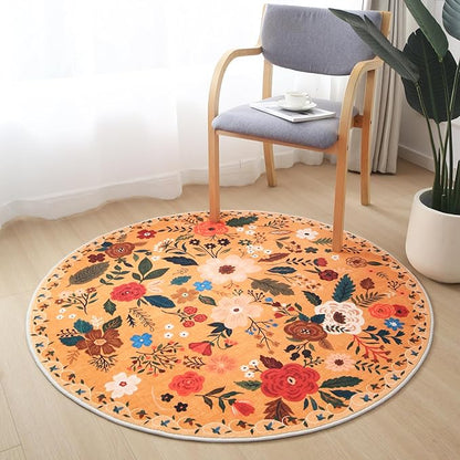 Rugcomf Round Rug 4ft Washable Circle Rug Non Slip Low Pile Boho Floral Small Circular Rug for Bedroom, Bathroom, Entryway, Kids Room, Office, College Dorm(Yellow)