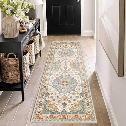 Enkor Runner Rugs for Hallway, 2x6 Washable Soft Non Slip Floor Rugs for Kitchen, Modern Mat for Living Room Bedroom Entryway Orange & Beige