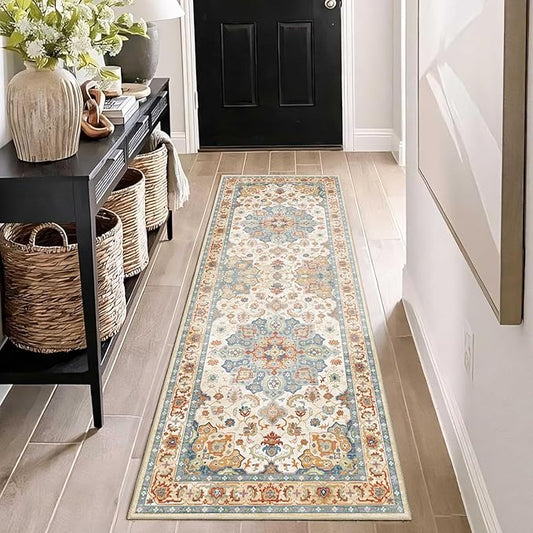 Enkor Runner Rugs for Hallway, 2x6 Washable Soft Non Slip Floor Rugs for Kitchen, Modern Mat for Living Room Bedroom Entryway Orange & Beige