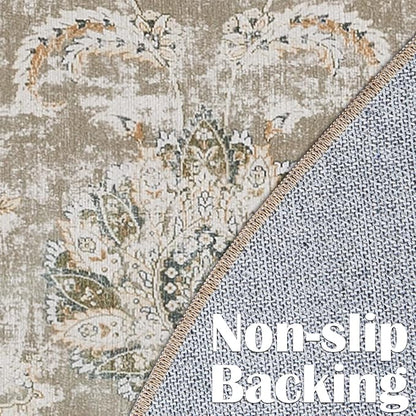 jinchan Fiora Round Rug 4ft Area Rugs Vintage Floral Distressed Design - Machine Washable Non-Slip Low-Pile Ultra-Thin Circle Rug for Entryway Bedside Living Room Dining Room Bedroom (4' Round, Taupe)