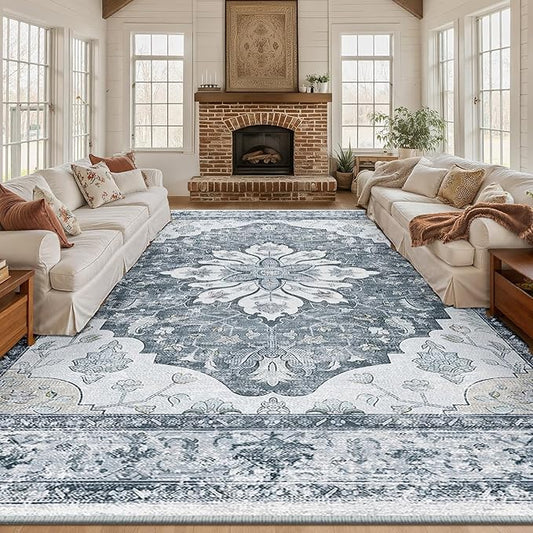 Area Rugs 10'x12' Washable Non-Slip, Floral Vintage Distress Print Pattern Medallion Carpet for Living Room Bedroom Dining Room, Light Gray Grey White