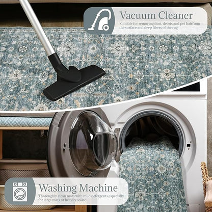 Washable Area Rugs 5'x7' Non-Slip Vintage Boho Distressed Fade Resistant Low Pile Carpet for High-Traffic Living Room, Bedroom & Dining Room