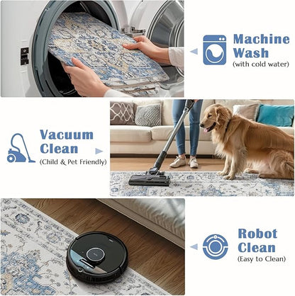 jinchan Runner Rug 2x6 Vintage Hallway Rug Boho Washable Runner Floral Medallion Retro Lightweight Non Slip Classic Thin Soft Carpet for Kitchen Bedroom Bathroom Laundry Room Doorway Blue