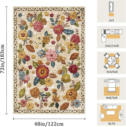 4x6 Machine Washable Area Rug for Living Room, Beige Vintage Boho Floral Rug Large Non-Slip Low Pile Soft Faux Wool Carpet, Kids and Pets Friendly for Bedroom Dining Room Farmhouse Home Decor Rug